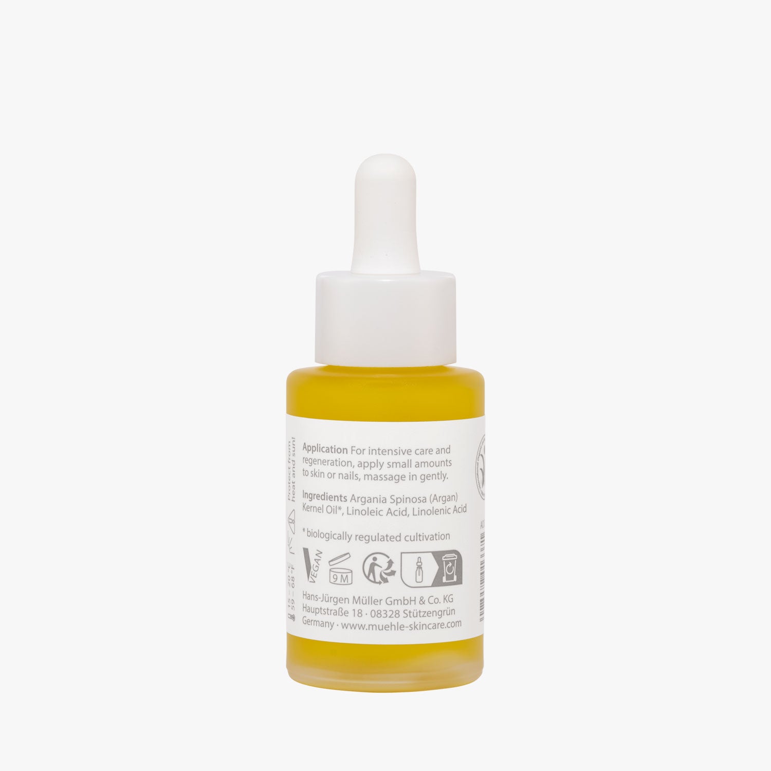 MÜHLE Arganöl Organic, Glasflasche mit Pipette 30ml Rückseite