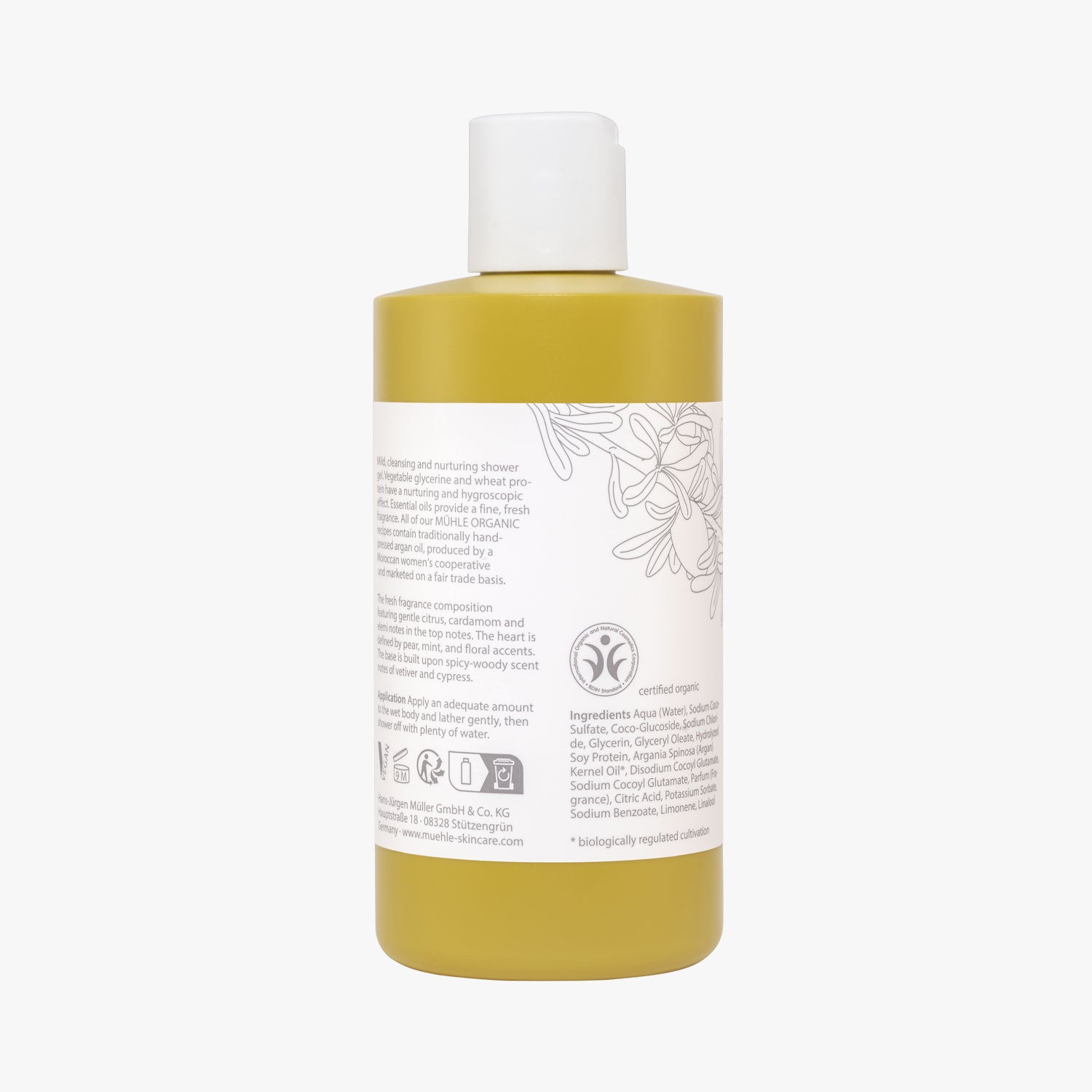 MÜHLE Duschbad Organic, Flasche 300ml Rückseite