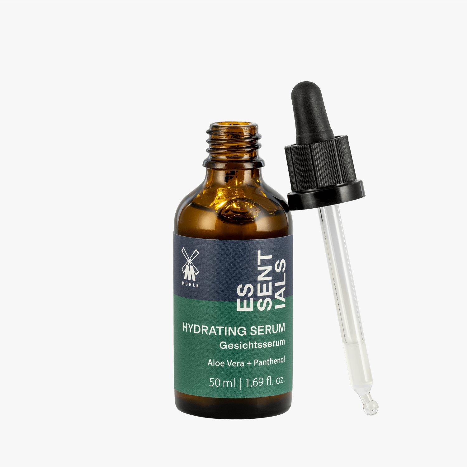 MÜHLE Gesichtsserum Essentials Serie, Glasflasche mit Pipette 50ml, geöffnet