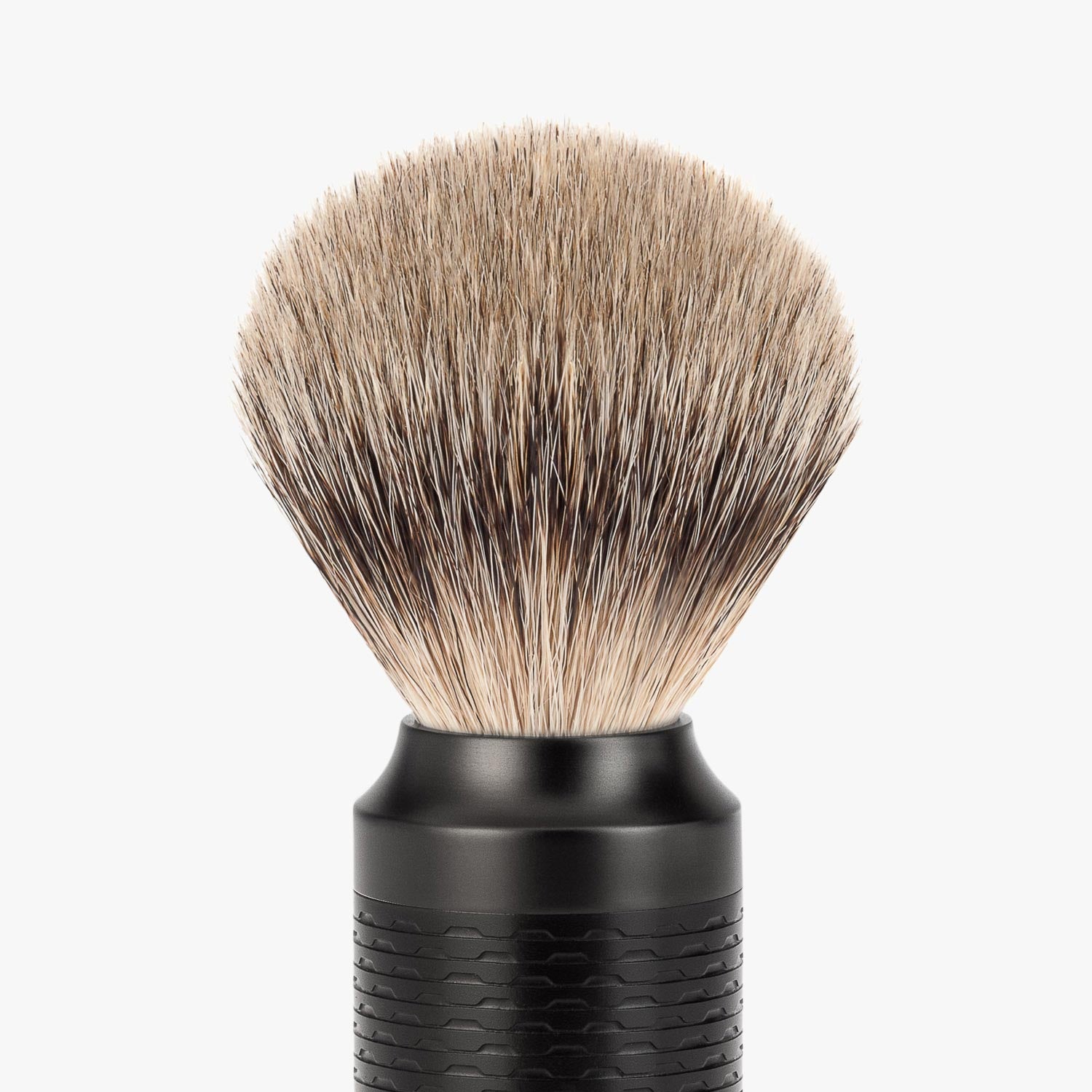 MÜHLE Rasierpinsel Rocca 091M96 Edelstahl Jet Black, Silberspitz Dachszupf Detailansicht