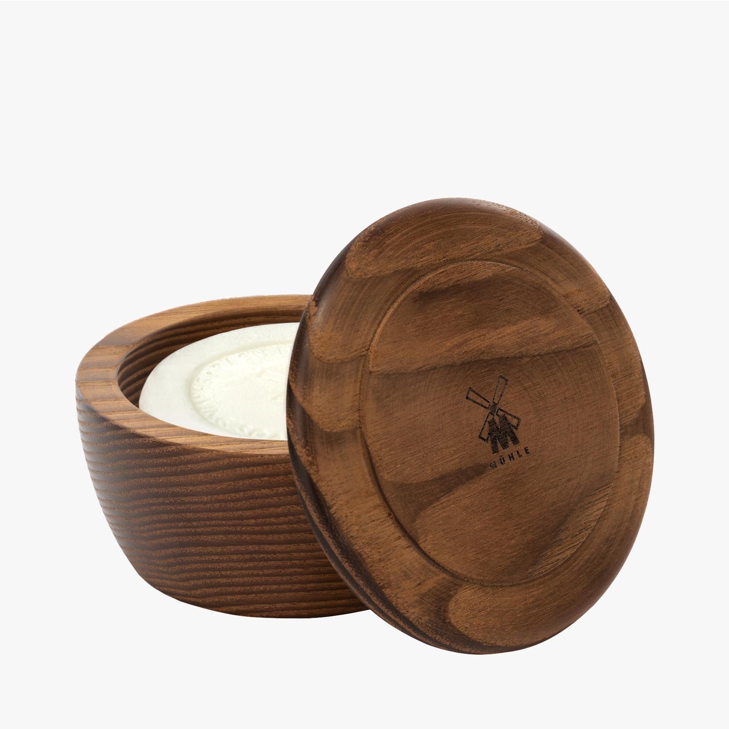 MÜHLE Rasierschale Holz, mit Rasierseife Grapefruit & Minze 65g, Holzschale Esche geöffnet
