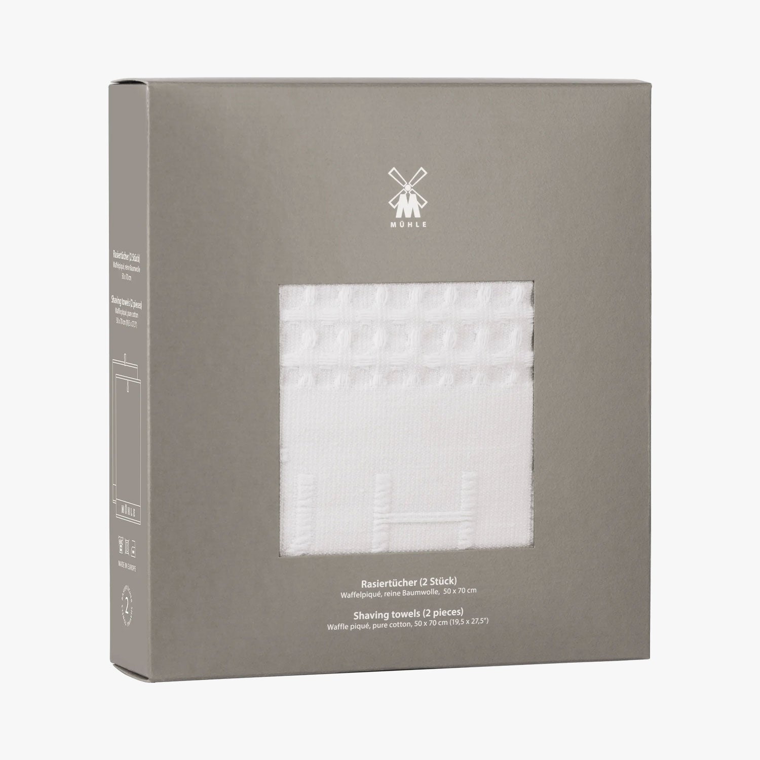 MÜHLE Rasiertücher Waffel-Pique, 2 Stück, Format 70x50cm, Verpackung Vorderseite