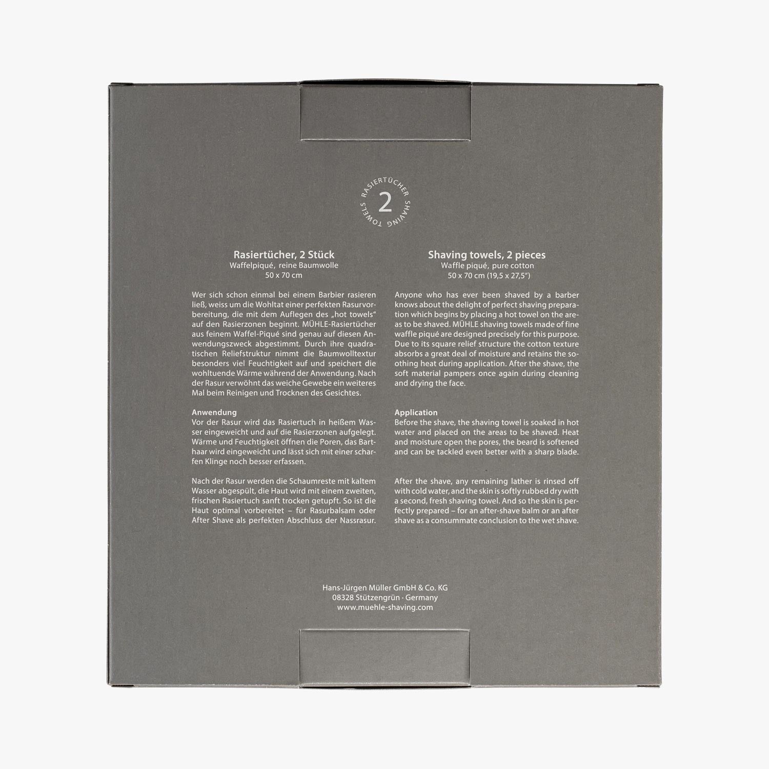 MÜHLE Rasiertücher Waffel-Pique, 2 Stück, Format 70x50cm, Verpackung Rückseite