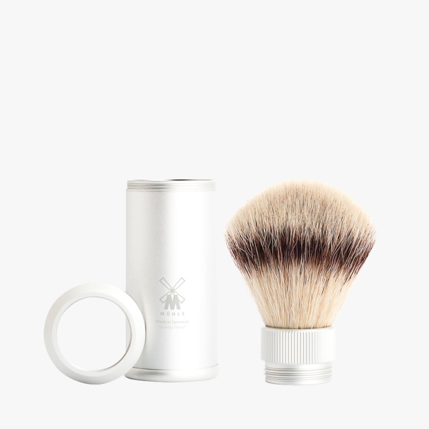 MÜHLE Reiserasierpinsel Silvertip Fibre 21mm, Aluminium hellgrau exloxiert, Detailansicht Einzelteile