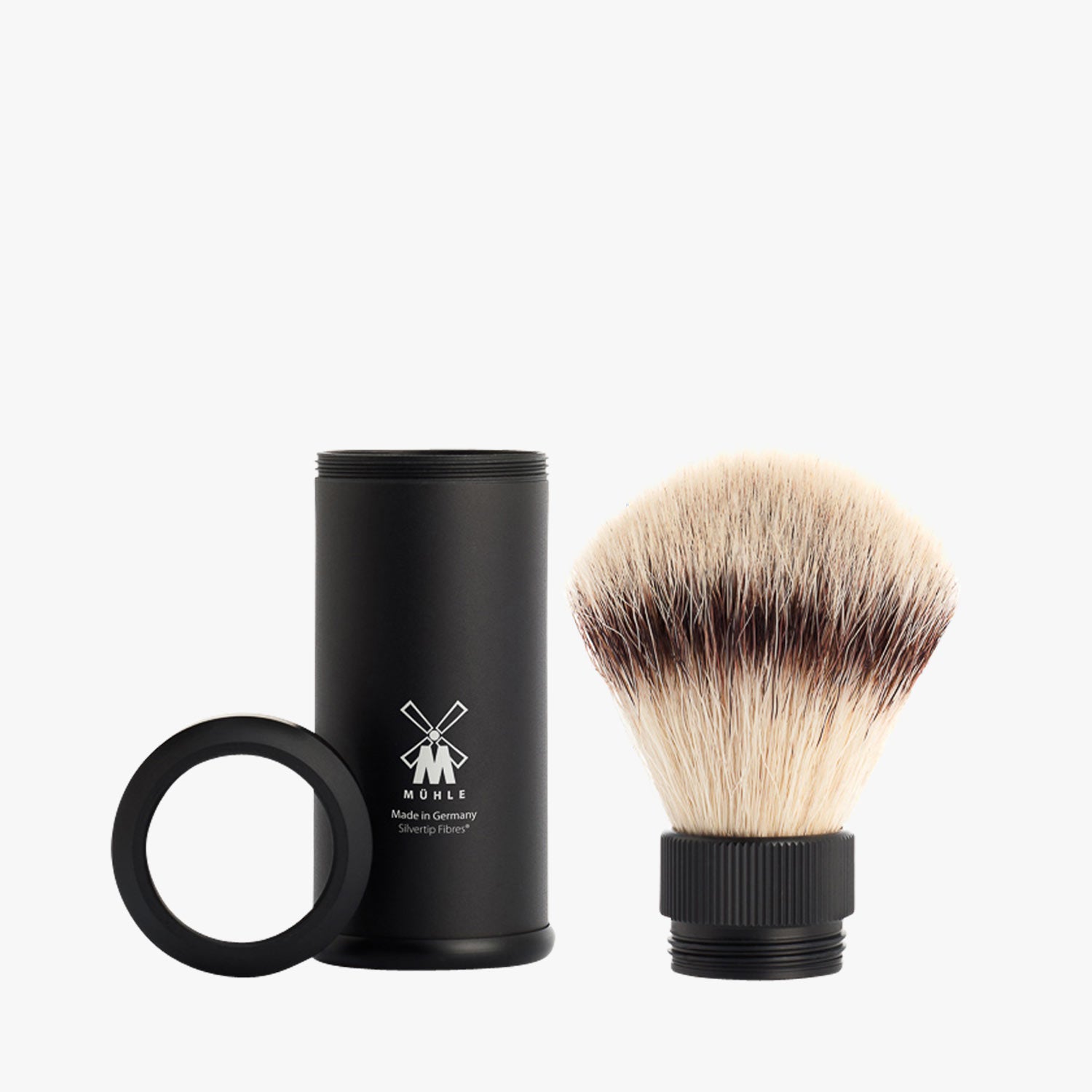 MÜHLE Reiserasierpinsel Silvertip Fibre 21mm, Aluminium schwarz eloxiert, Detailansicht Einzelteile