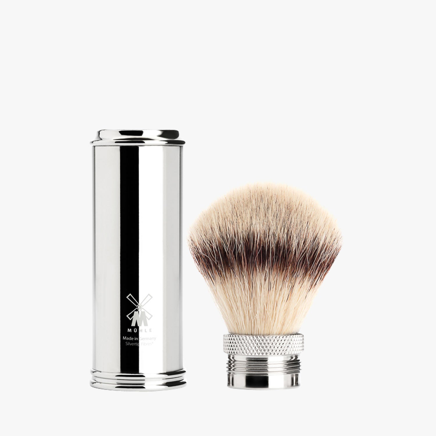 MÜHLE Reiserasierpinsel Silvertip Fibre 21mm, Metall verchromt, Detailansicht Einzelteile
