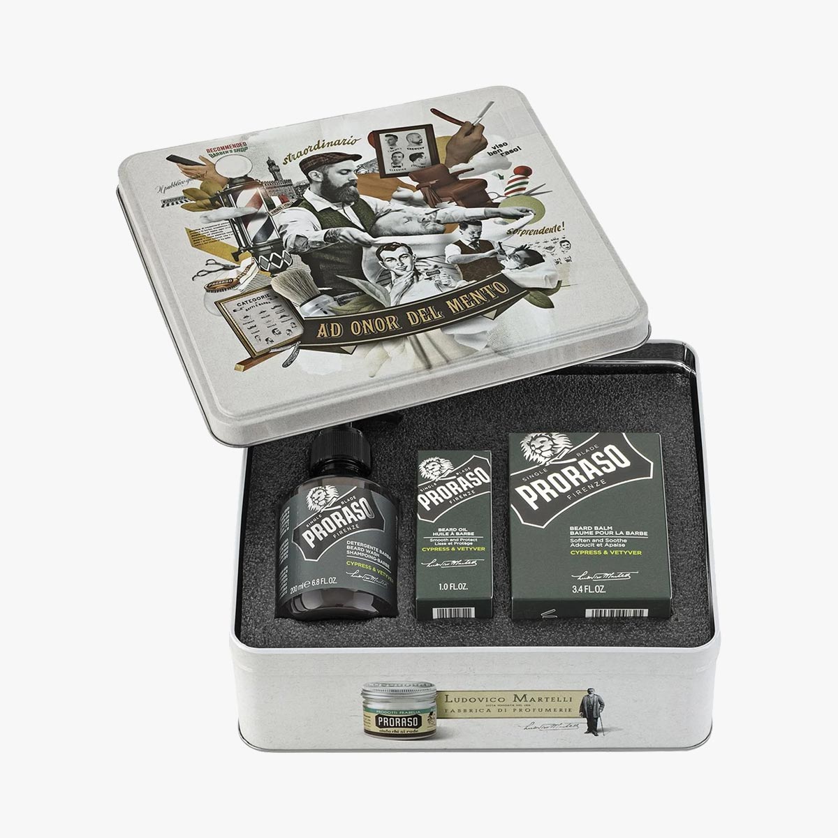 PRORASO Bartpflegeset Cypress & Vetyver, Metallbox, 3-teilig